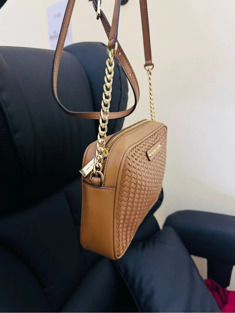 Michael Kors Tan Woven Leather Crossbody with Gold Chain